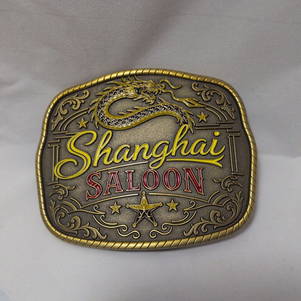 Shanghai Saloon Belt Buckle Antiqued Brass Asian Dragon Western Americana Style